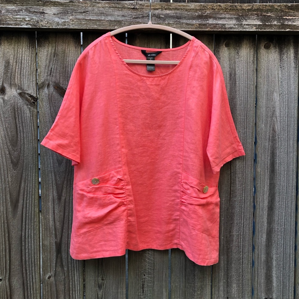 Ali Miles 100% Linen Top with Pockets Salmon Pink Size M Shell Buttons